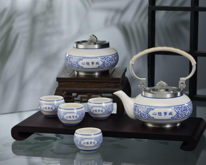 纯锡青花瓷茶具