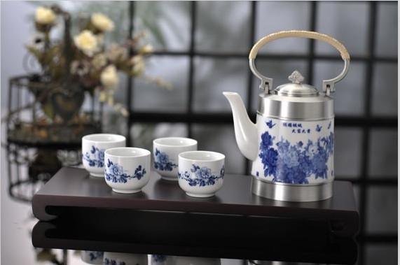 纯锡青花瓷茶具